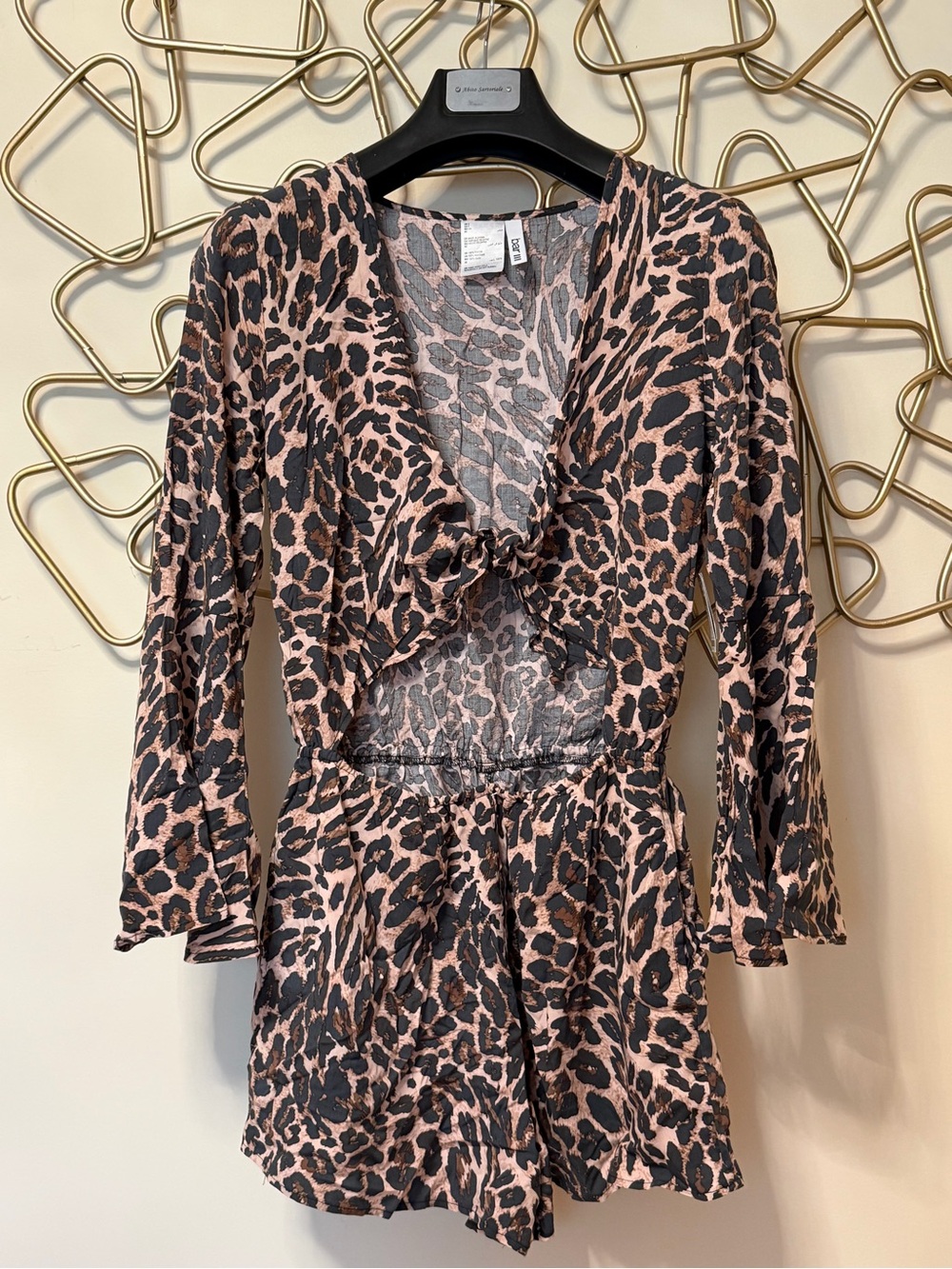 Bar III Pink and Black Leopard-Print Romper with Tie Front